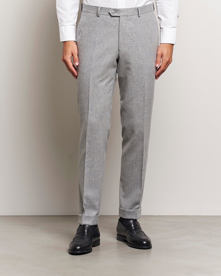 Herren | Hosen | Oscar Jacobson | Denz Turn Up Flannel Trousers Light Grey Melang