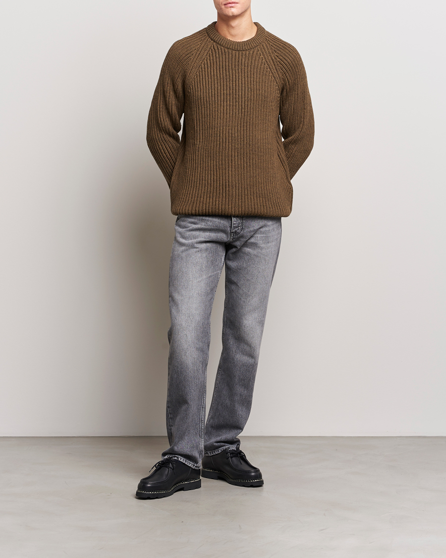 Herren | Pullover | Gloverall | Fisherman Rib Chunky Wool Crew Dark Green