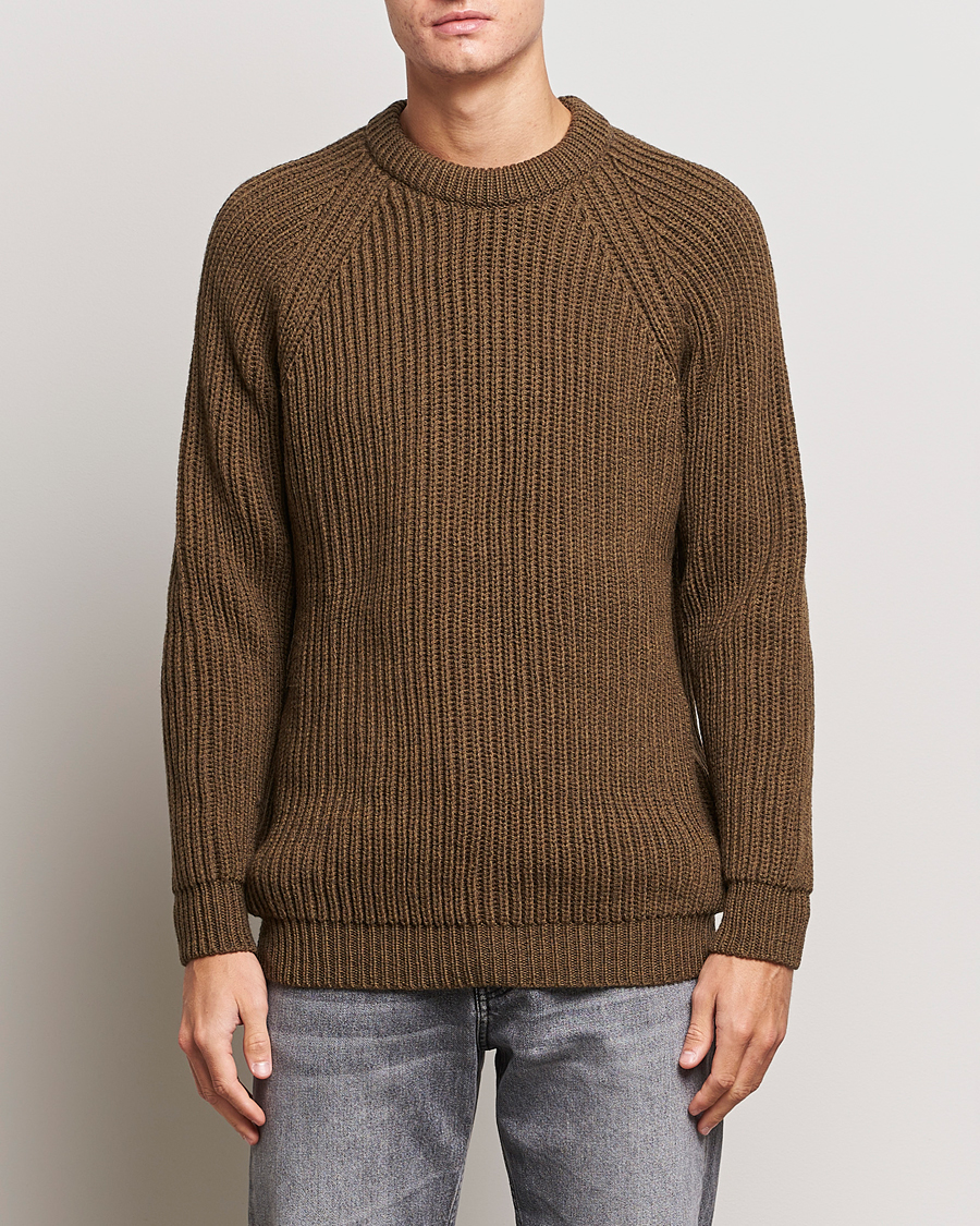 Herren | Pullover | Gloverall | Fisherman Rib Chunky Wool Crew Dark Green