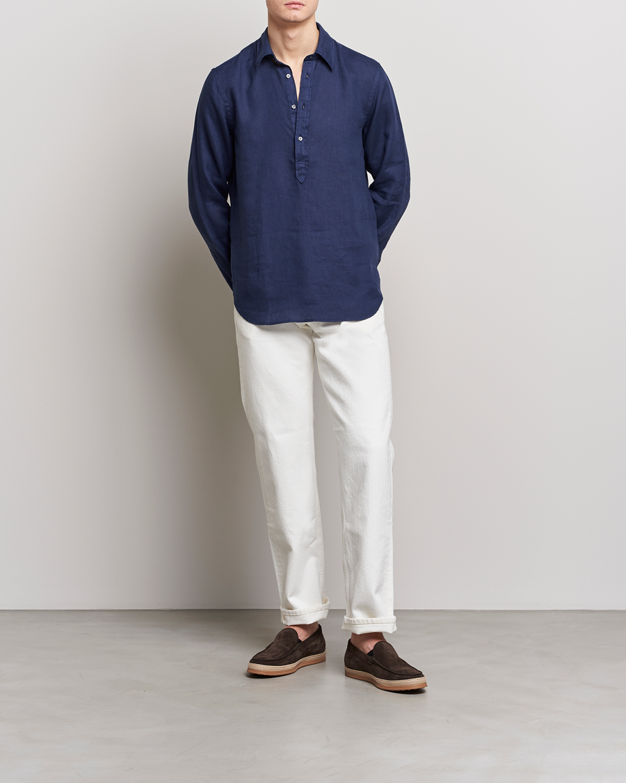 Herren | Hemden | Aspesi | Linen Popover Shirt Dark Blue