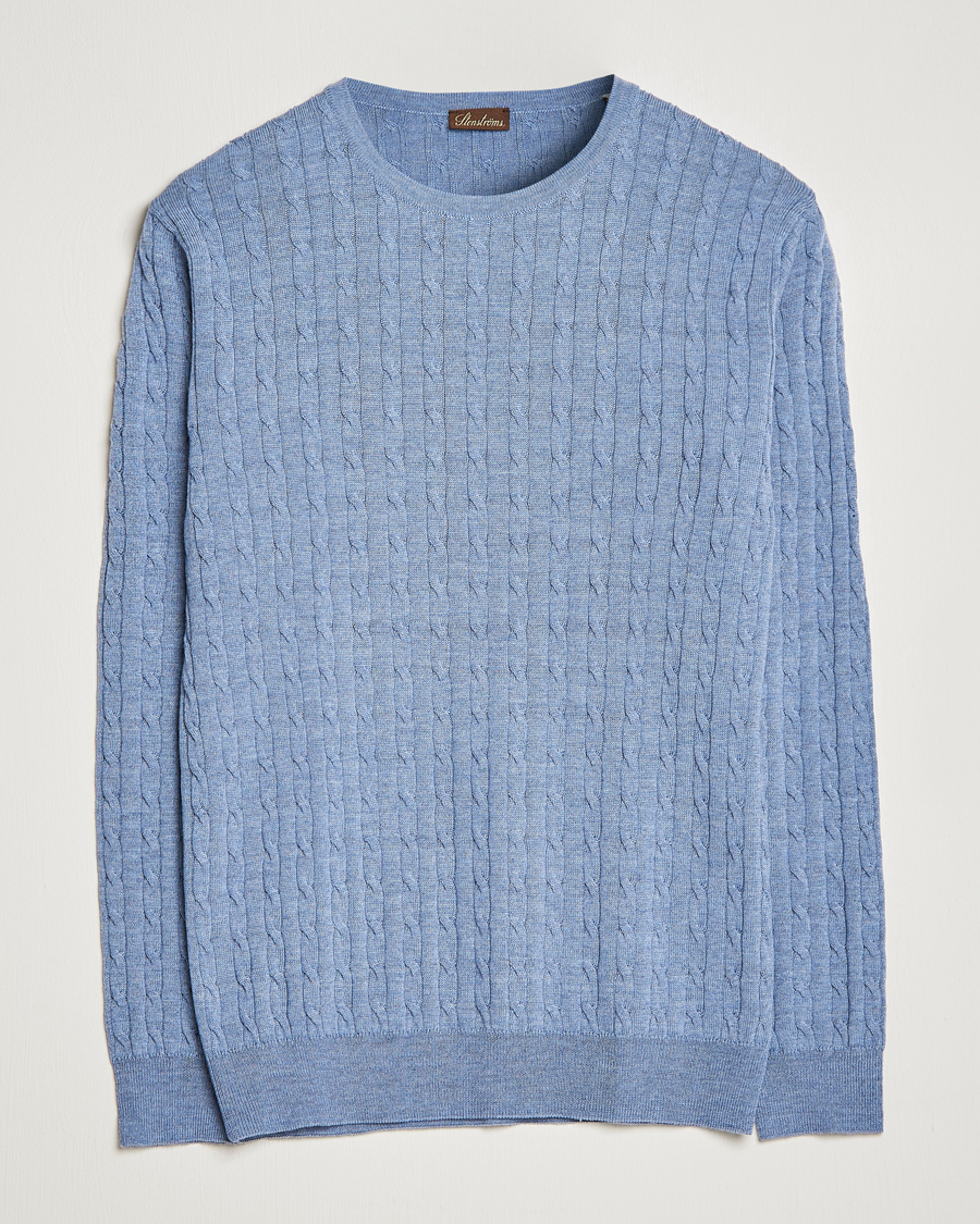 Herren | Pullover | Stenströms | Merino Cable Crew Neck Light Blue