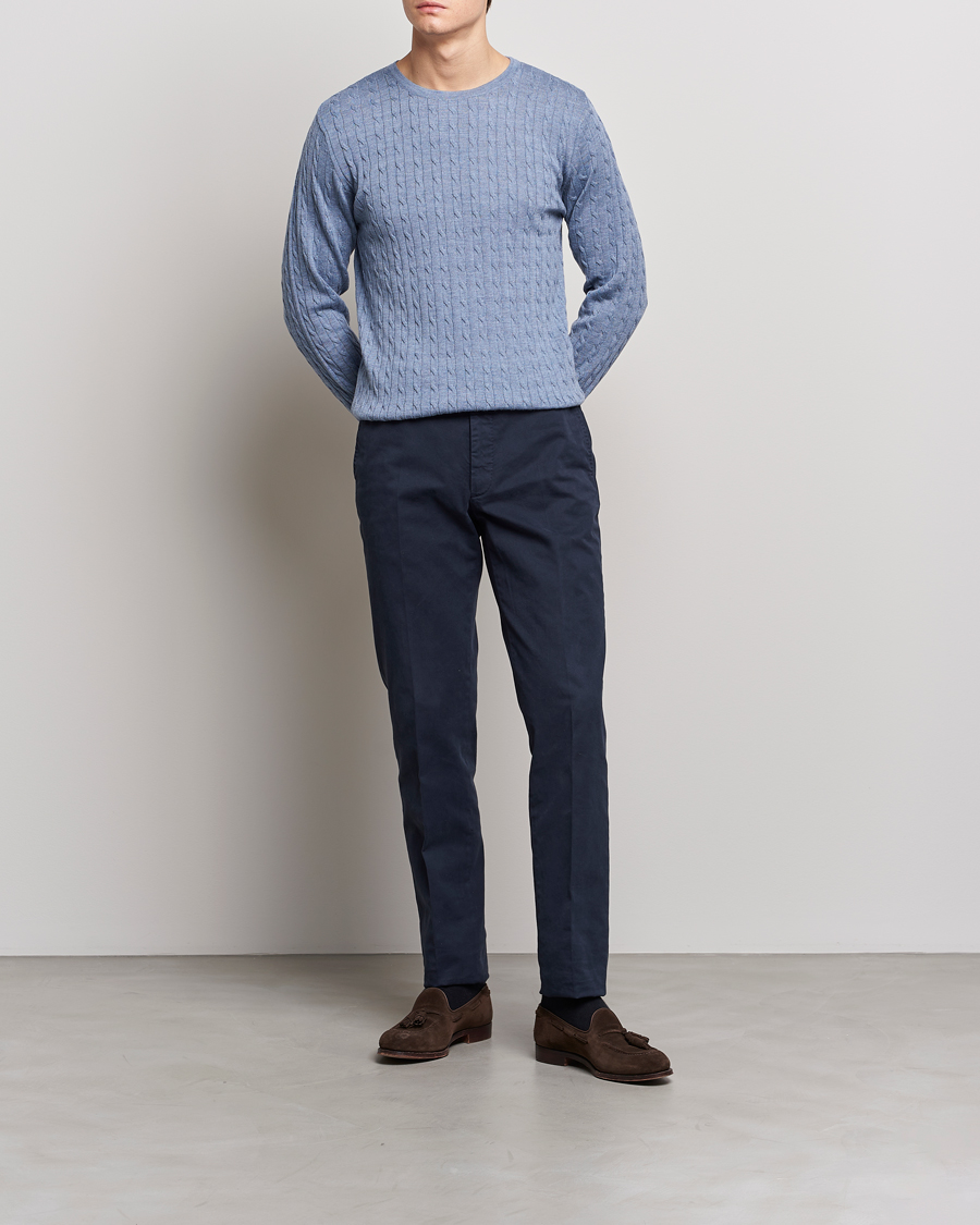 Herren | Pullover | Stenströms | Merino Cable Crew Neck Light Blue