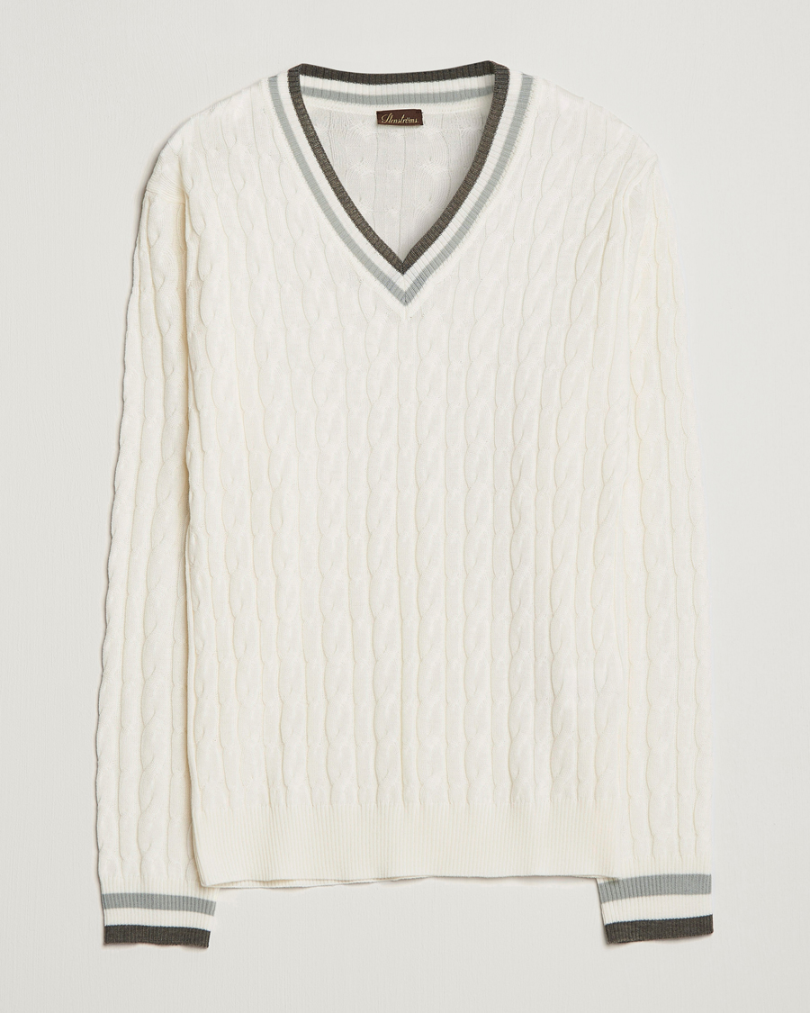 Herren | Pullover | Stenströms | Contrast Merino Cable V-Neck White