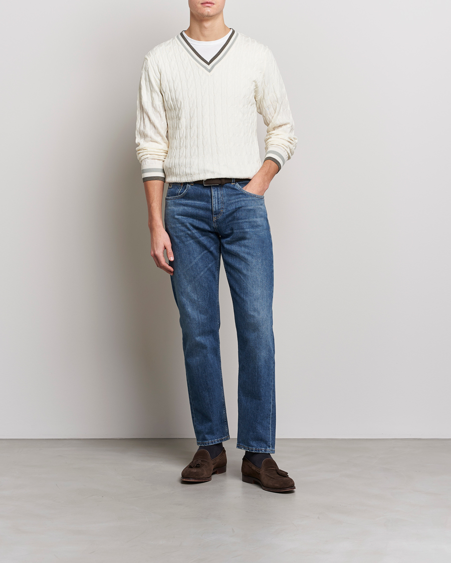 Herren | Pullover | Stenströms | Contrast Merino Cable V-Neck White