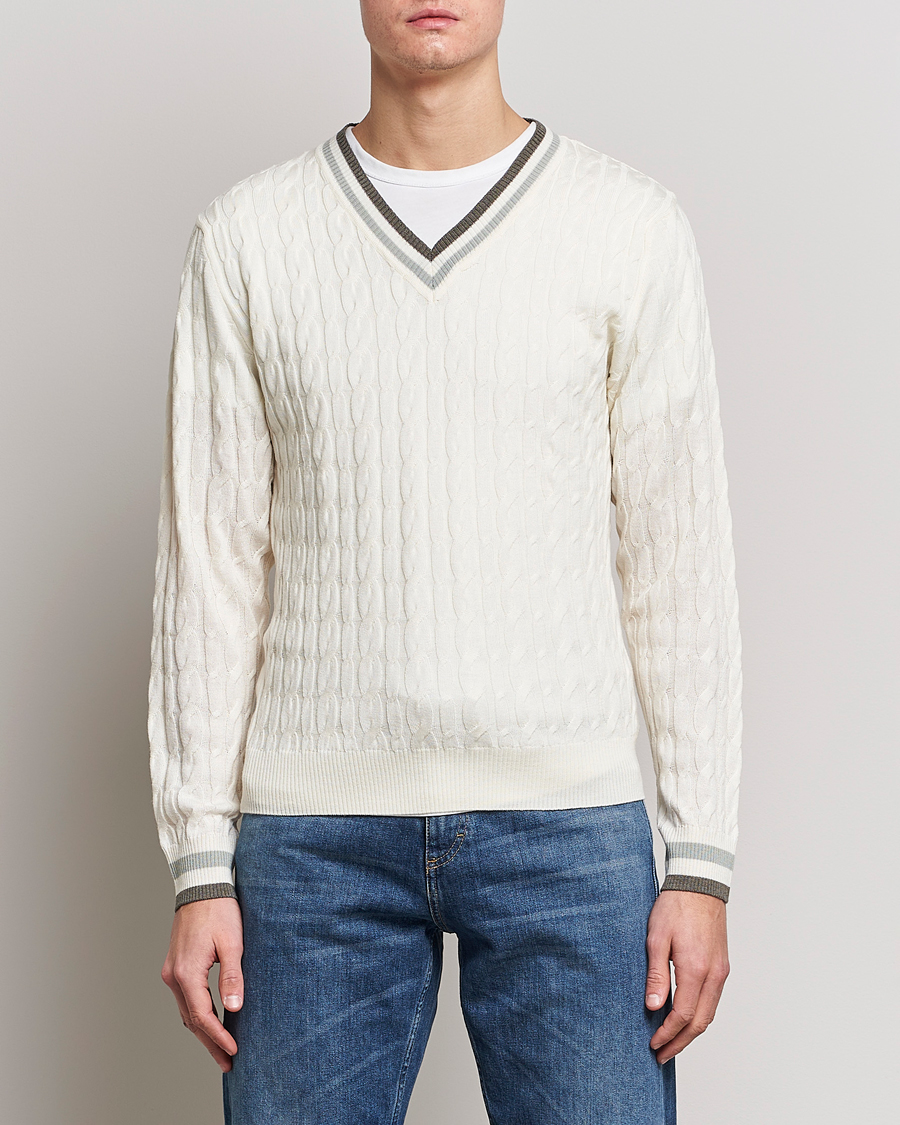 Herren | Pullover | Stenströms | Contrast Merino Cable V-Neck White