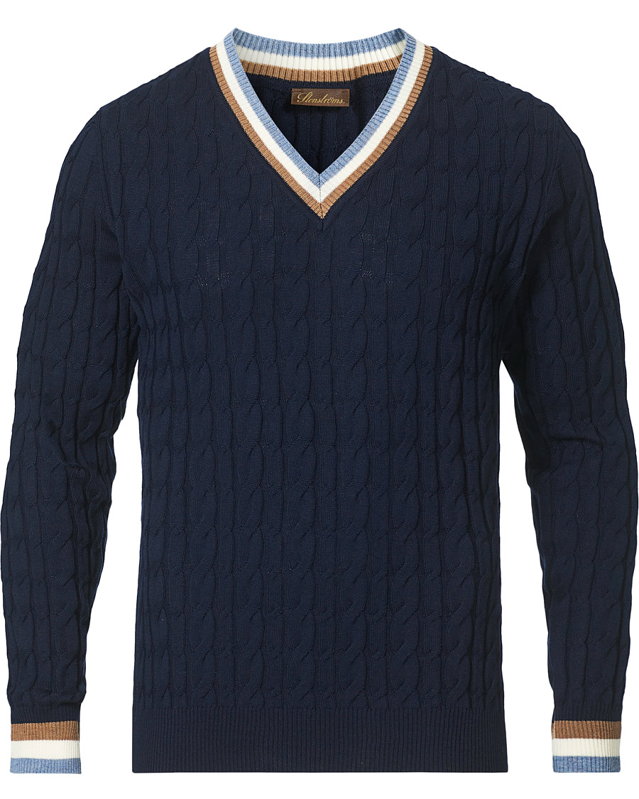 Herren | Pullover | Stenströms | Contast Merino Cable V-Neck Navy