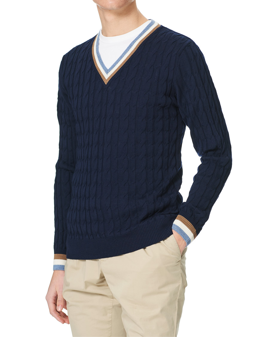 Herren | Pullover | Stenströms | Contast Merino Cable V-Neck Navy