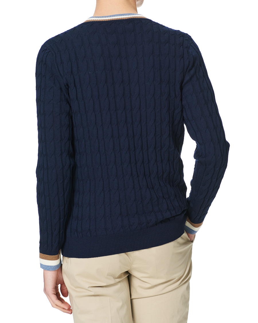 Herren | Pullover | Stenströms | Contast Merino Cable V-Neck Navy