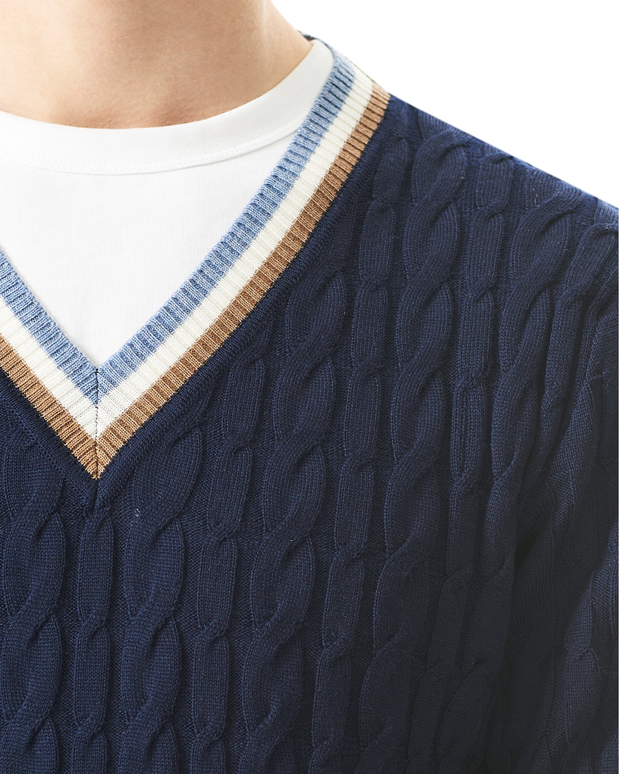 Herren | Pullover | Stenströms | Contast Merino Cable V-Neck Navy