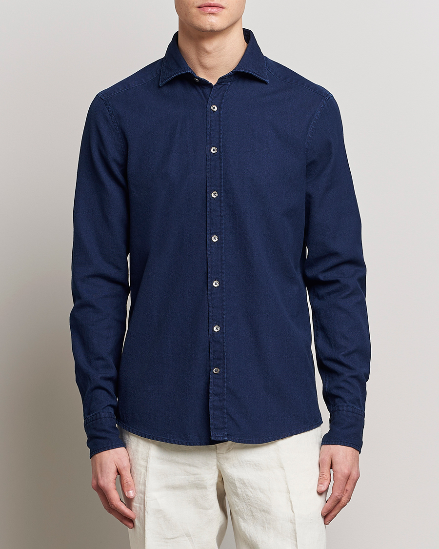 Herren | Jeanshemden | Stenströms | Slimline Washed Structured Denim Shirt Indigo Blue