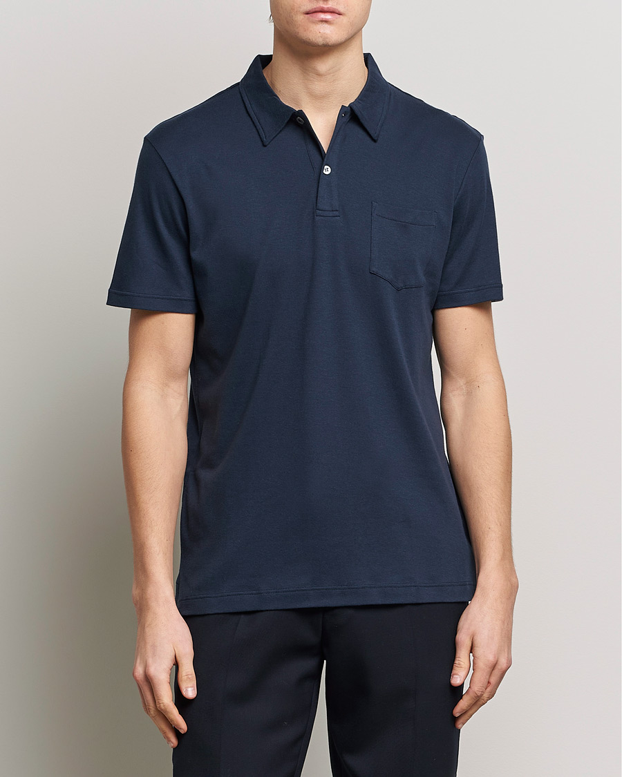 Herren | Poloshirts | Sunspel | Sea Island Jersey Riviera Polo Navy