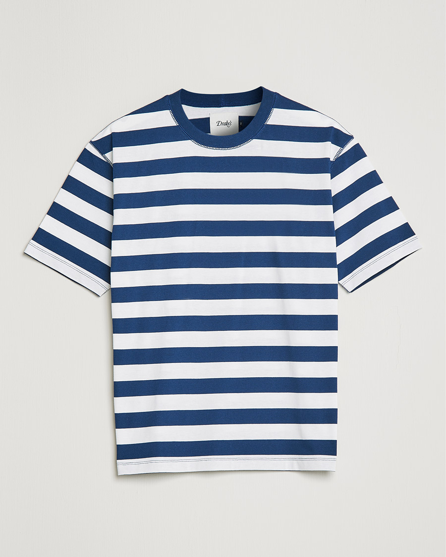 Herren | T-Shirts | Drake's | Striped Cotton Hiking Tee White/Navy