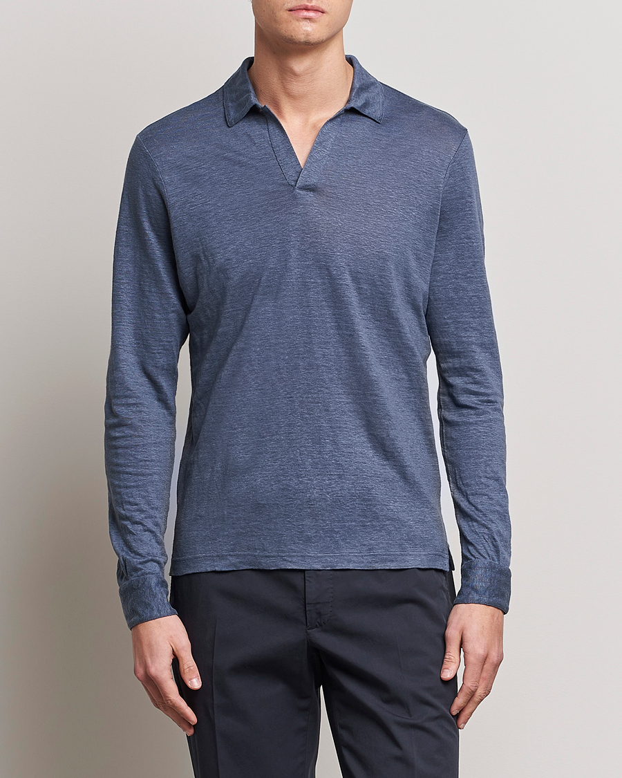 Herren | Pullover | Gran Sasso | Washed Linen Long Sleeve Polo Blue Melange
