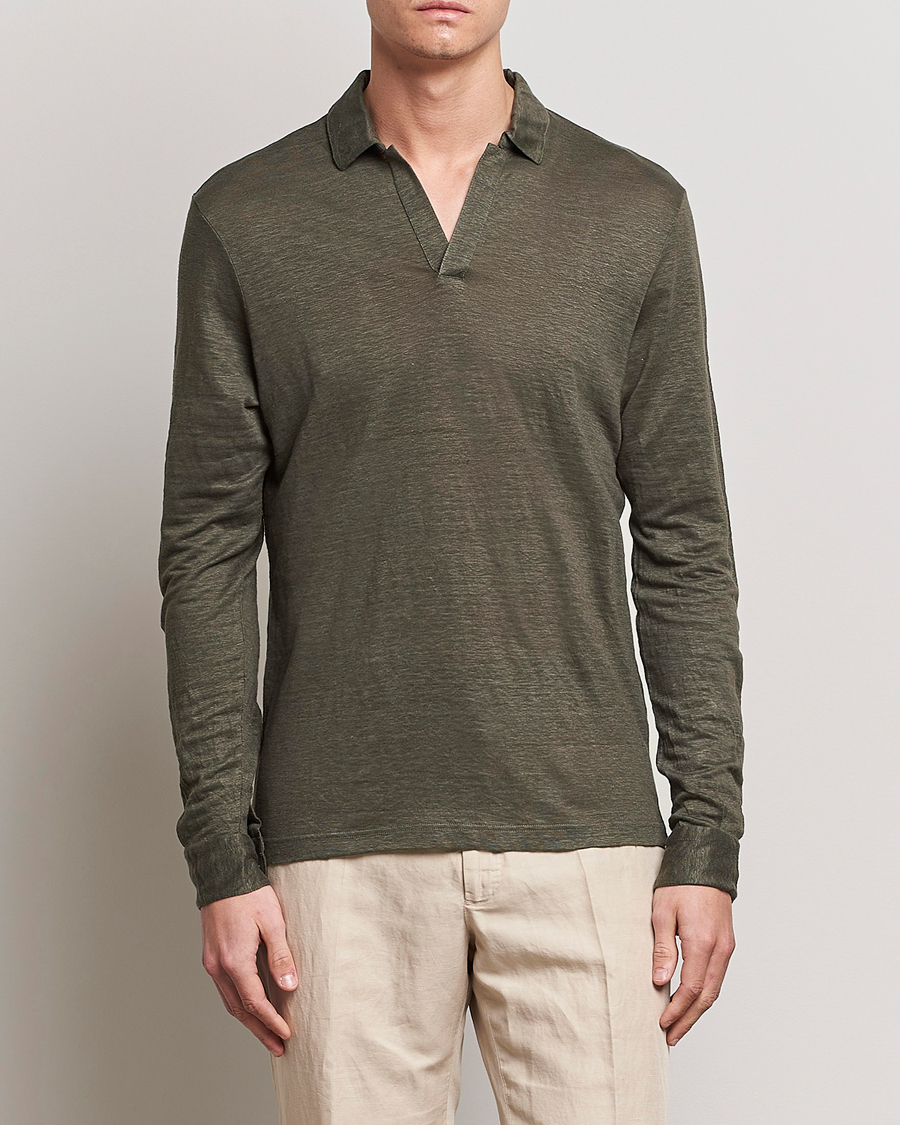 Herren | Pullover | Gran Sasso | Washed Linen Long Sleeve Polo Dark Green