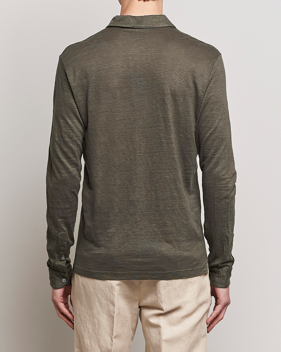 Herren | Pullover | Gran Sasso | Washed Linen Long Sleeve Polo Dark Green