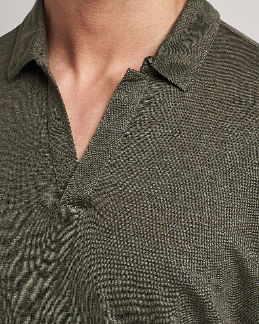 Herren | Pullover | Gran Sasso | Washed Linen Long Sleeve Polo Dark Green