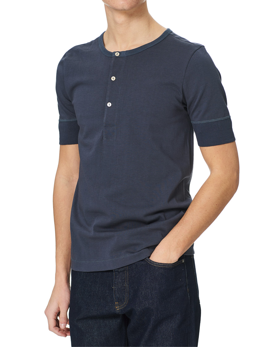 Herren | T-Shirts | Merz b. Schwanen | Short Sleeve Organic Cotton Henley Navy