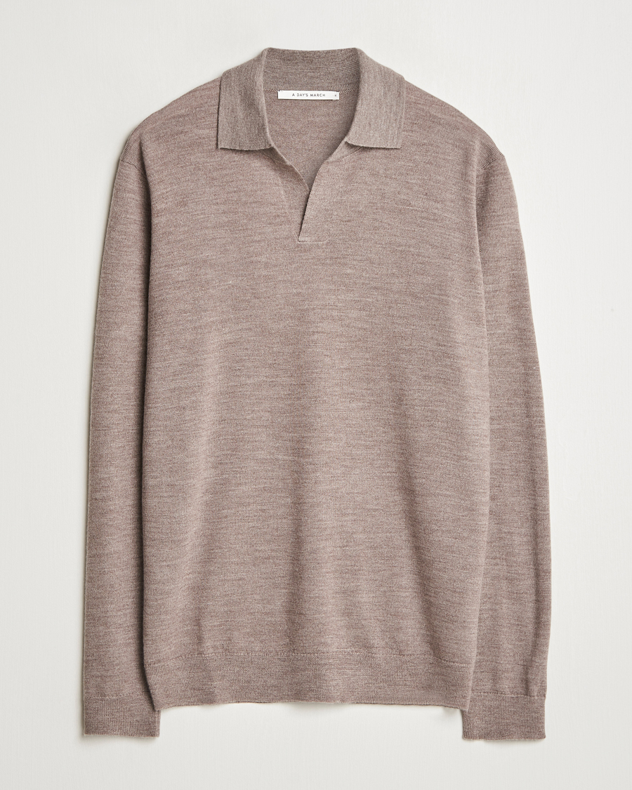 Herren | Pullover | A Day's March | Manol Open Collar Merino Polo Taupe Melange