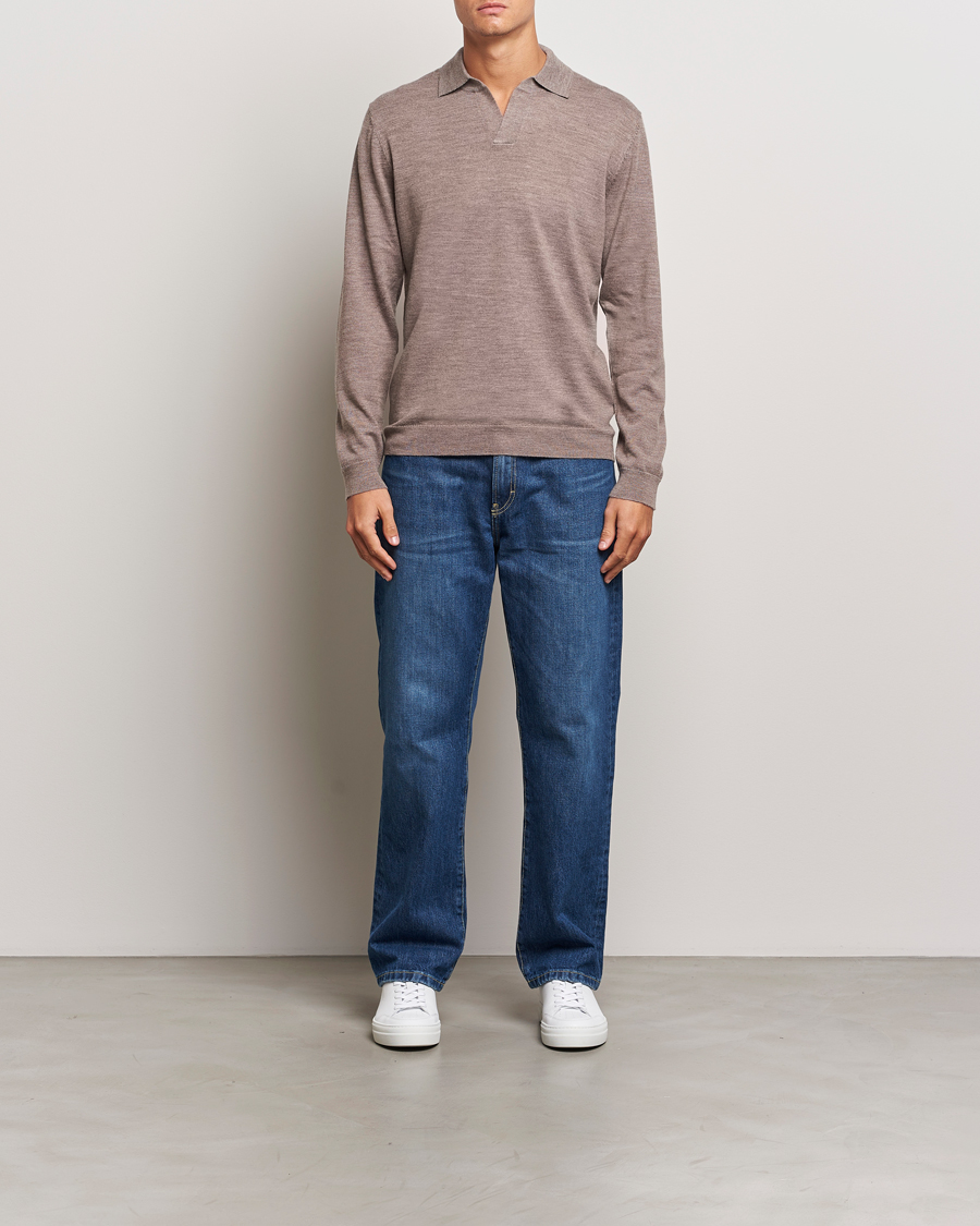 Herren | Pullover | A Day's March | Manol Open Collar Merino Polo Taupe Melange