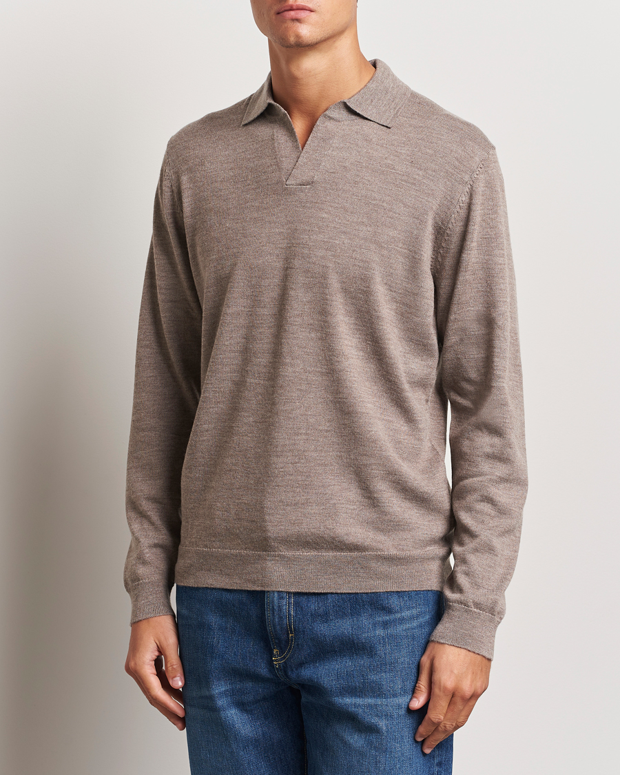 Herren | Pullover | A Day's March | Manol Open Collar Merino Polo Taupe Melange