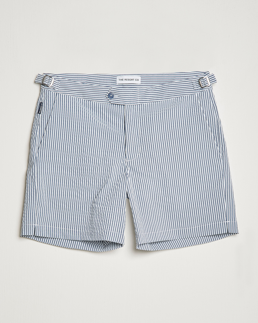 Herren | Badehosen | The Resort Co | Tailored Swim Shorts Navy Stripe Seersucker