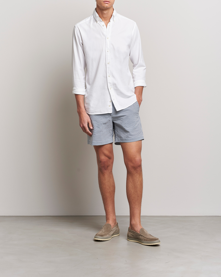 Herren | Badehosen | The Resort Co | Tailored Swim Shorts Navy Stripe Seersucker