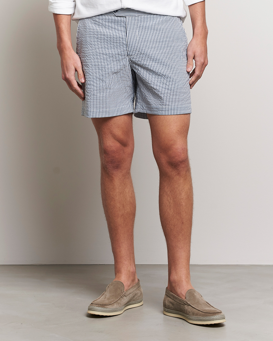 Herren | Badehosen | The Resort Co | Tailored Swim Shorts Navy Stripe Seersucker