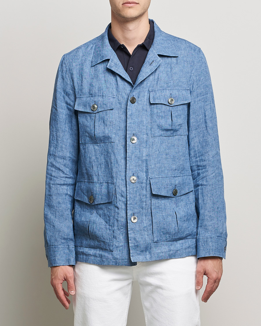 Herren | Hemden | Oscar Jacobson | Safari Linen Shirt Jacket Smog Blue