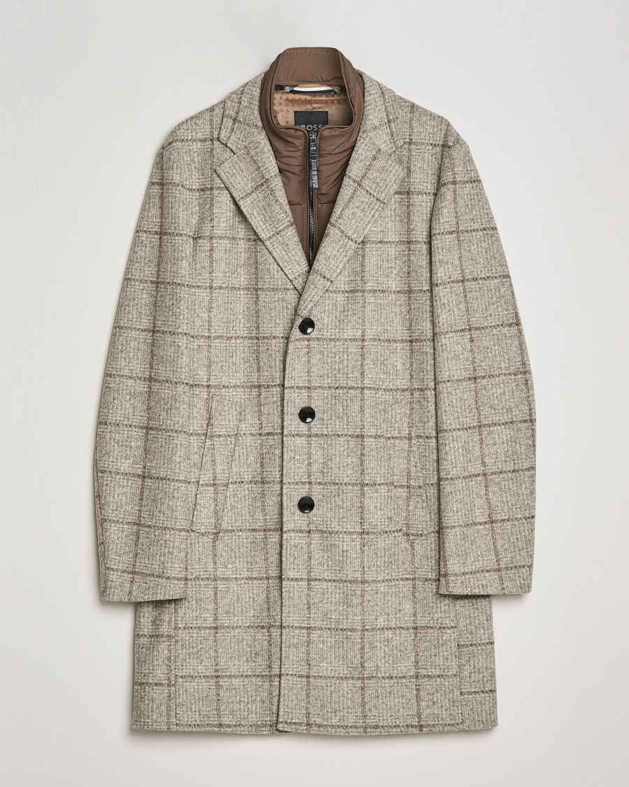 Herren | Jacken | BOSS BLACK | BOSS Hyde Wool Checked Stand Up Collar Coat Medium Beige