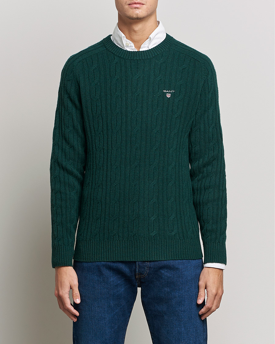 Herren | Pullover | GANT | Lambswool Cable Crew Neck Pullover Tartan Green