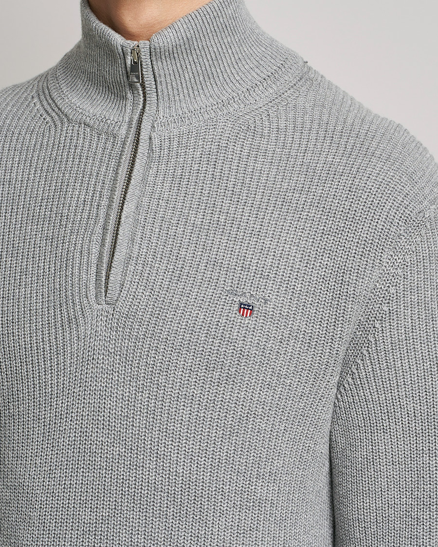 Herren | Pullover | GANT | Cotton/Wool Ribbed Half Zip Sweater Grey Melange