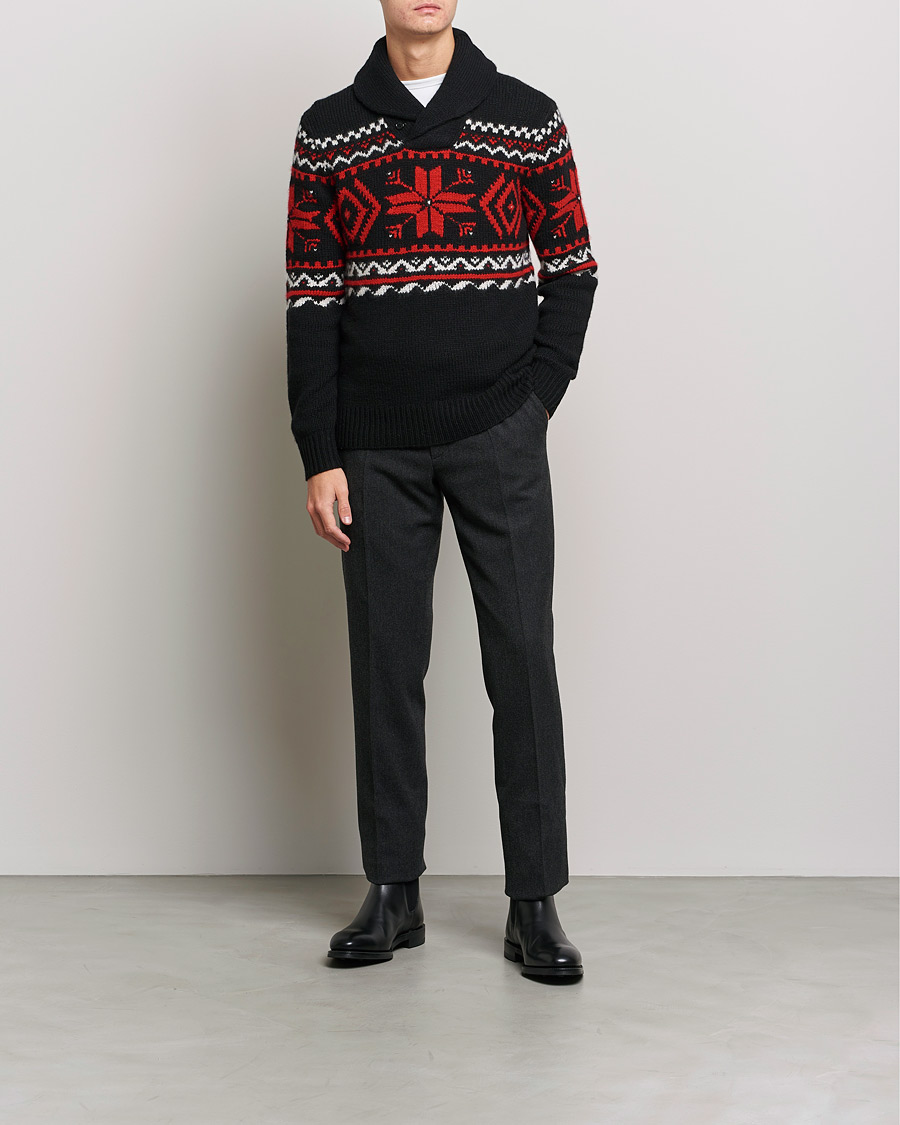 Herren | Pullover | Ralph Lauren Purple Label | Cashmere Jacquard Shawl Sweater Black/Red