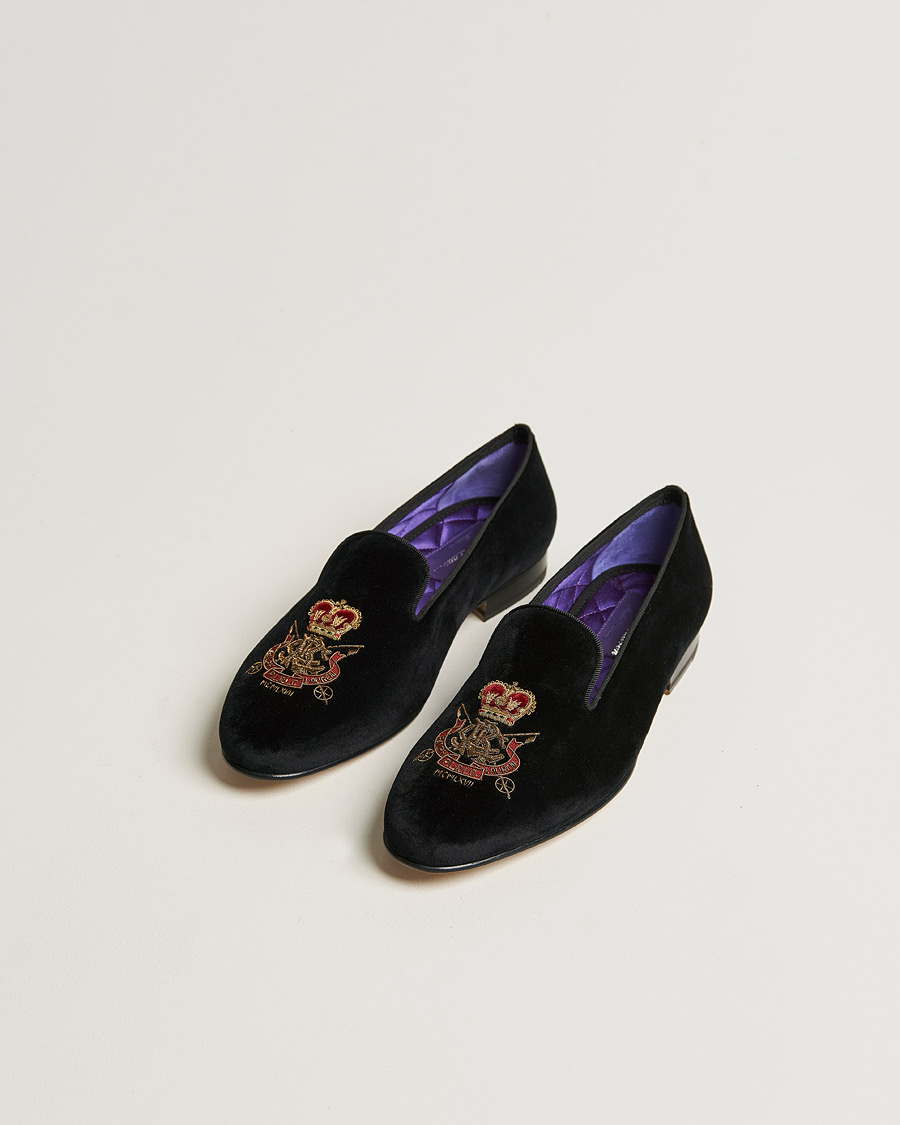 Herren | Ralph Lauren Purple Label Velvet Embroidered Slippers Black | Ralph Lauren Purple Label | Velvet Embroidered Slippers Black