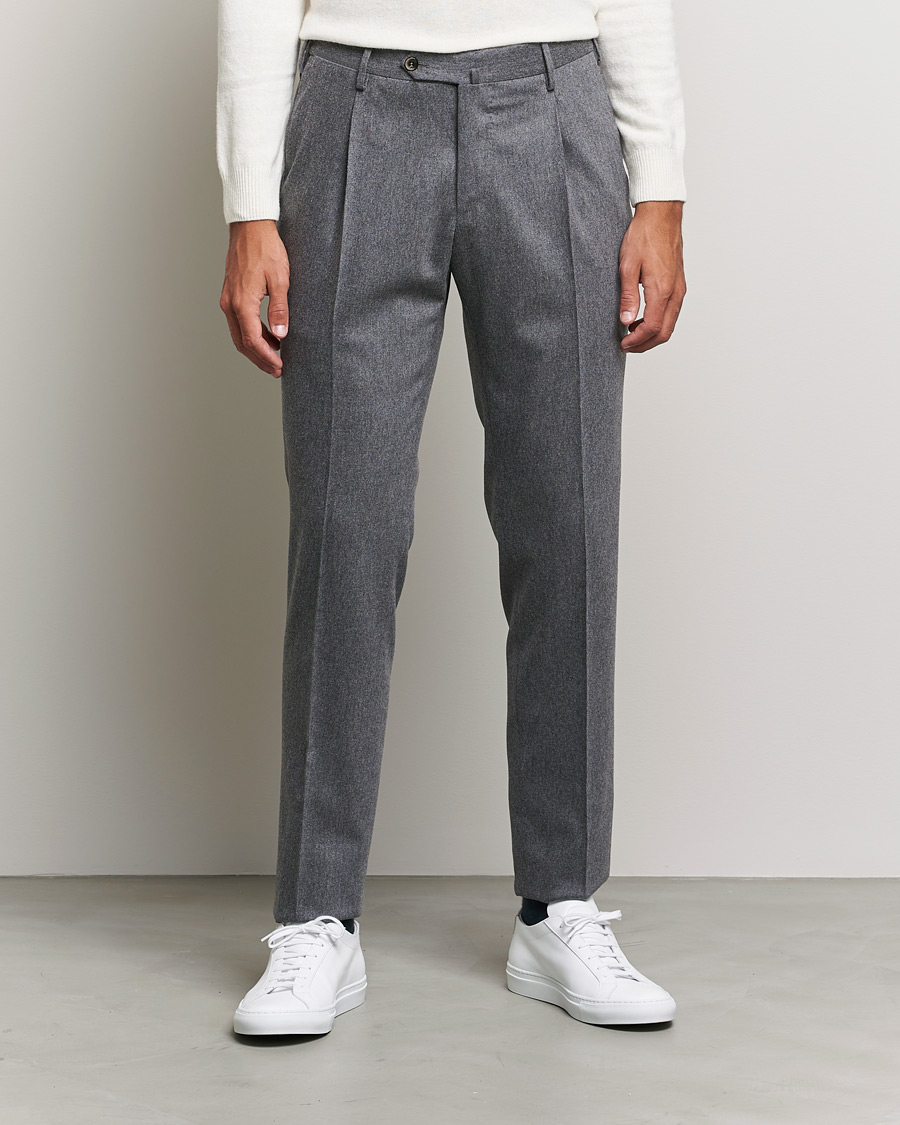 Herren | Hosen | PT01 | Slim Fit Pleated Flannel Trousers Light Grey