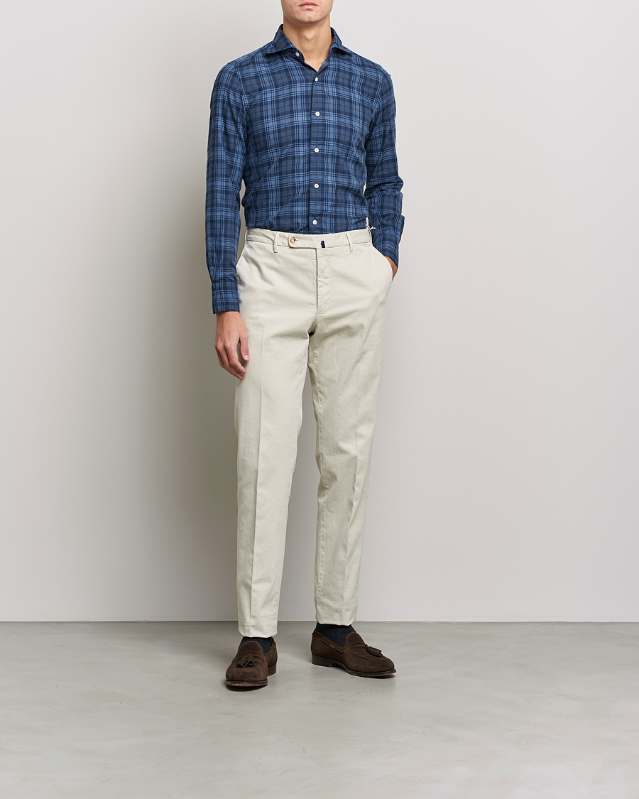 Herren | Hemden | Finamore Napoli | Tokyo Slim Light Flannel Shirt Navy Check