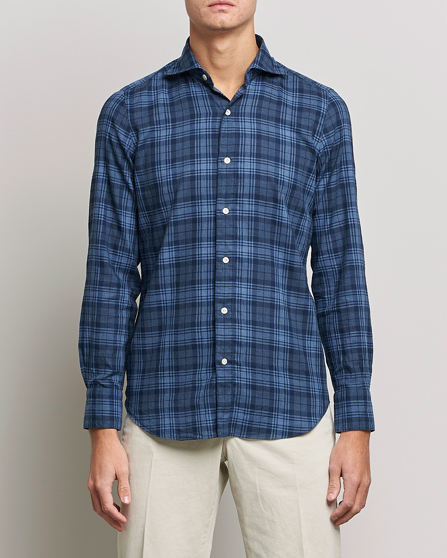 Herren | Hemden | Finamore Napoli | Tokyo Slim Light Flannel Shirt Navy Check