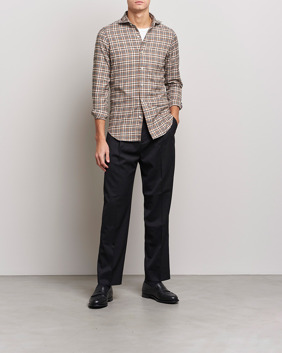 Herren | Hemden | Finamore Napoli | Tokyo Slim Light Flannel Shirt Brown Check