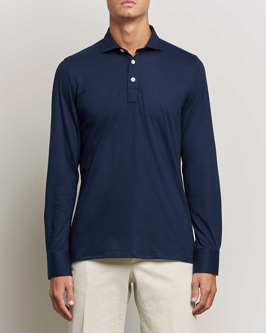 Herren | Pullover | Finamore Napoli | Orlando Cashmere Blend Long Sleeve Polo Navy