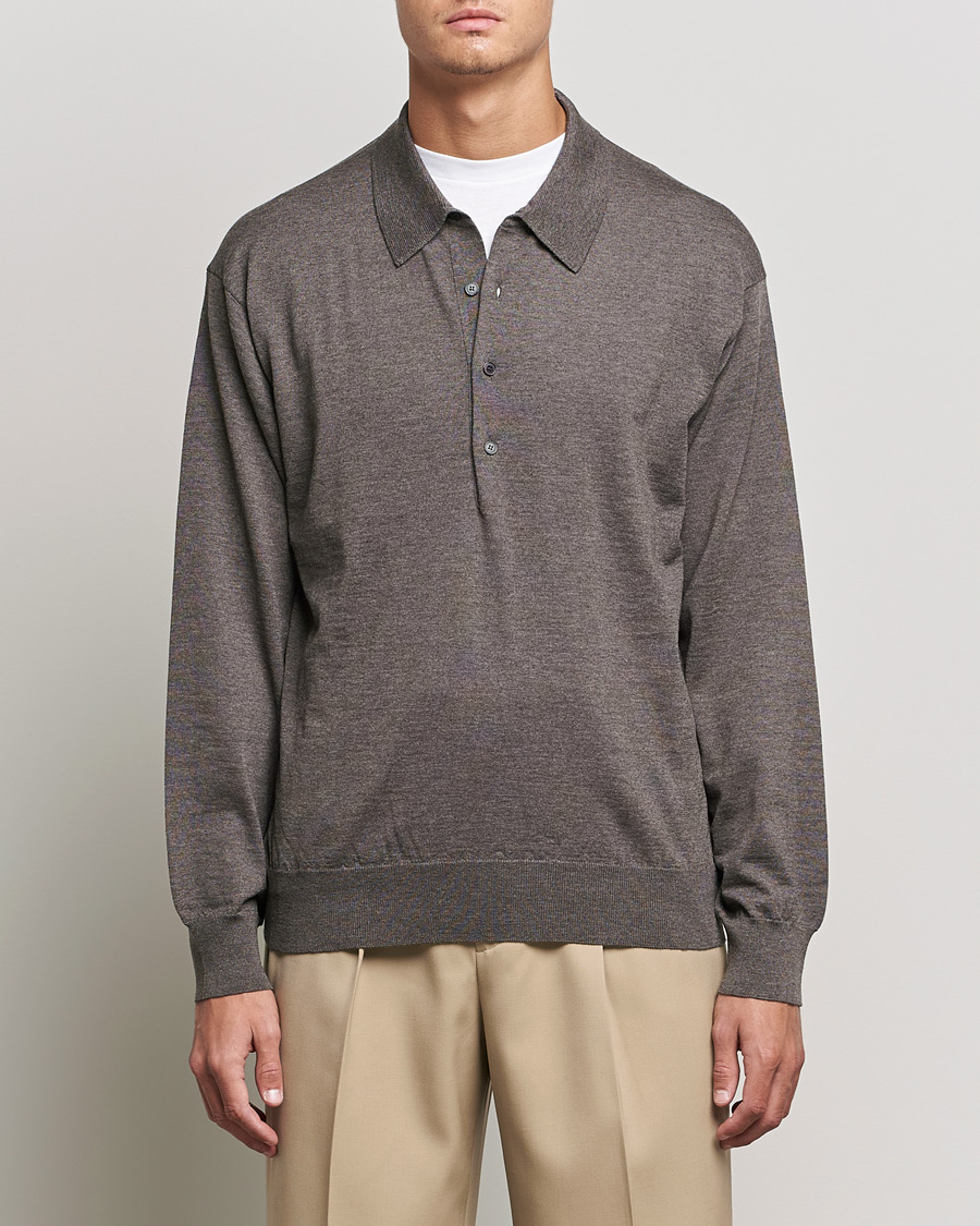 Herren | Pullover | Auralee | Knitted Wool Polo Dark Brown