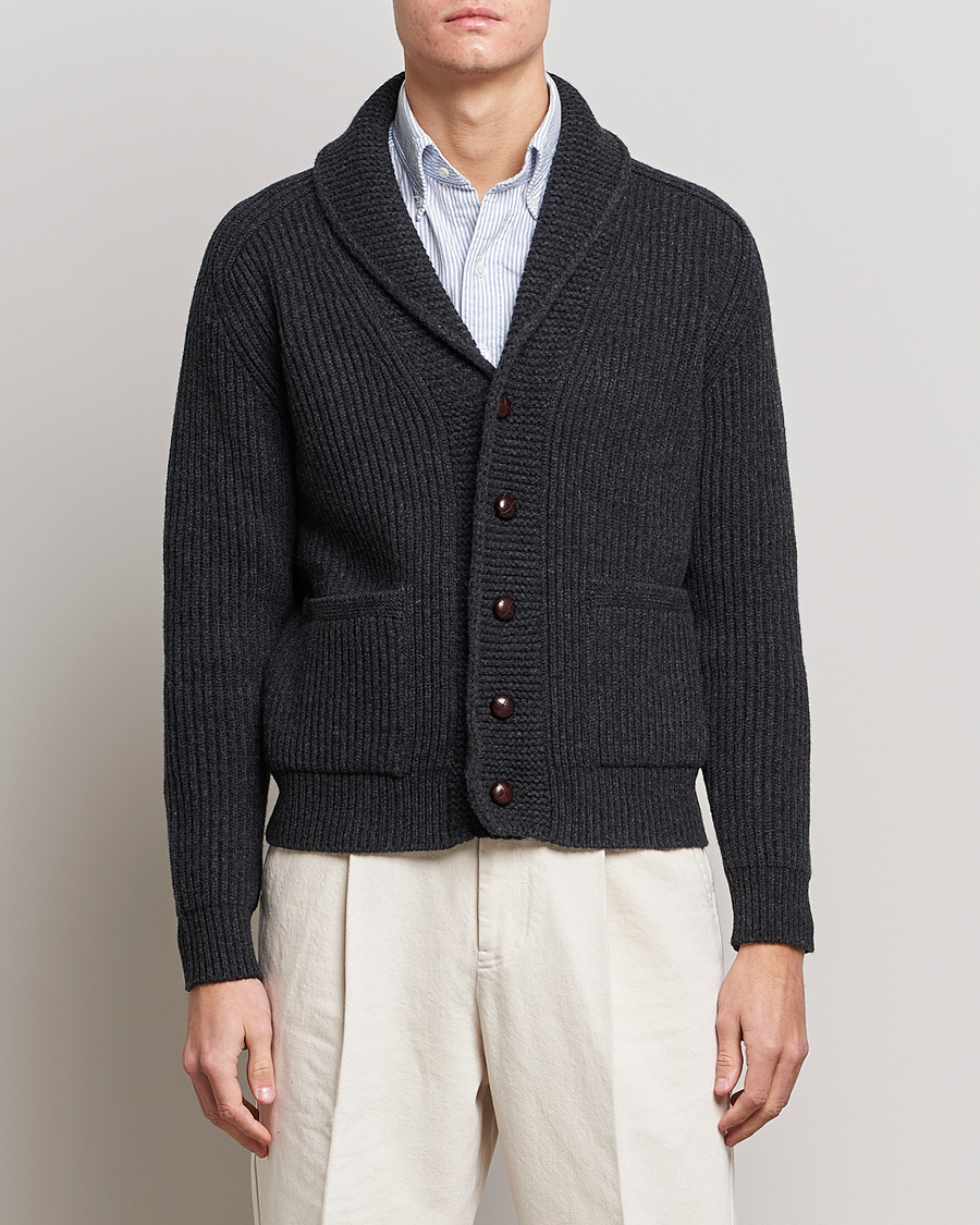 Herren | Pullover | Drake's | Lambswool 6-Ply Shawl Collar Cardigan Grey