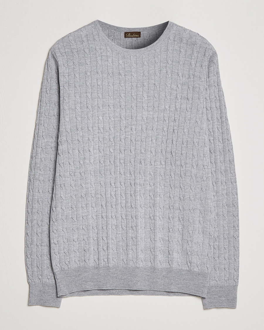 Herren | Pullover | Stenströms | Merino Cable Crew Neck Light Grey