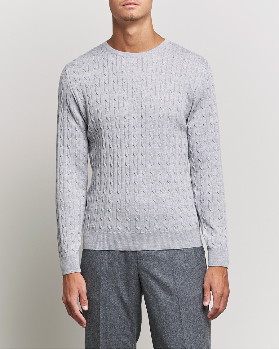 Herren | Pullover | Stenströms | Merino Cable Crew Neck Light Grey