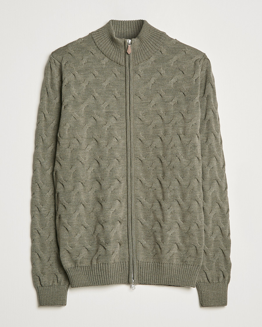 Herren | Pullover | Stenströms | Heavy Cable Merino Full Zip Cardigan Olive
