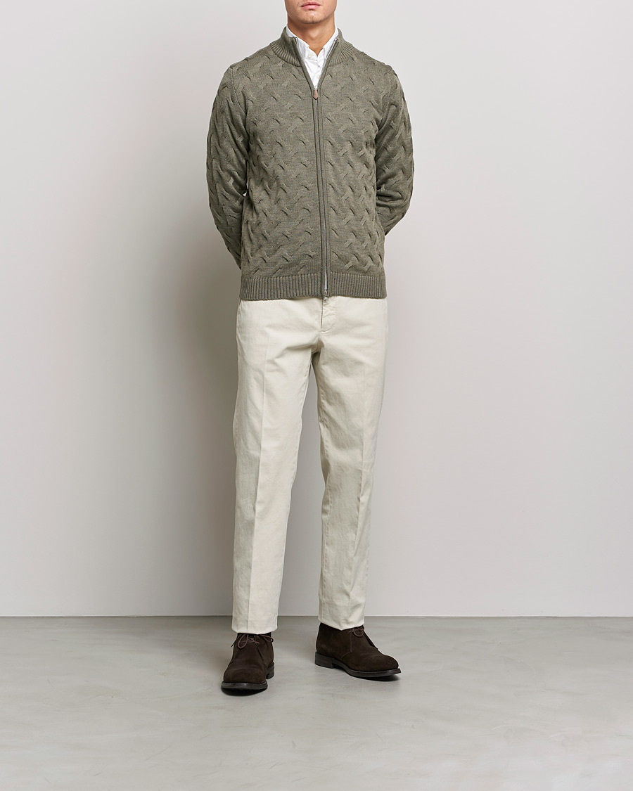 Herren | Pullover | Stenströms | Heavy Cable Merino Full Zip Cardigan Olive