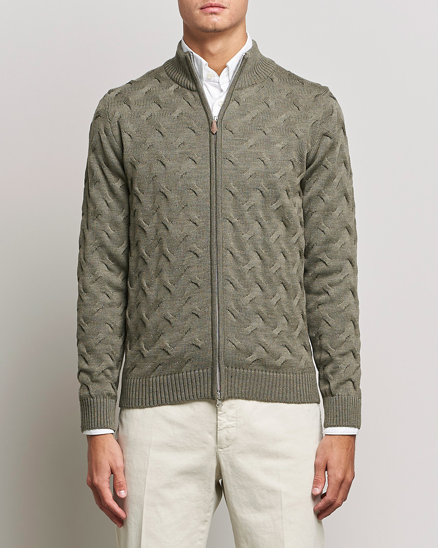 Herren | Pullover | Stenströms | Heavy Cable Merino Full Zip Cardigan Olive
