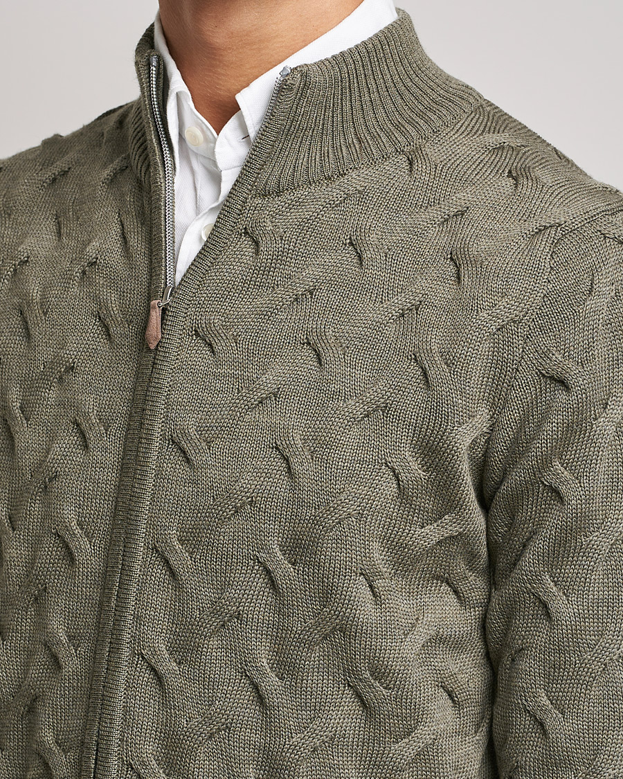 Herren | Pullover | Stenströms | Heavy Cable Merino Full Zip Cardigan Olive