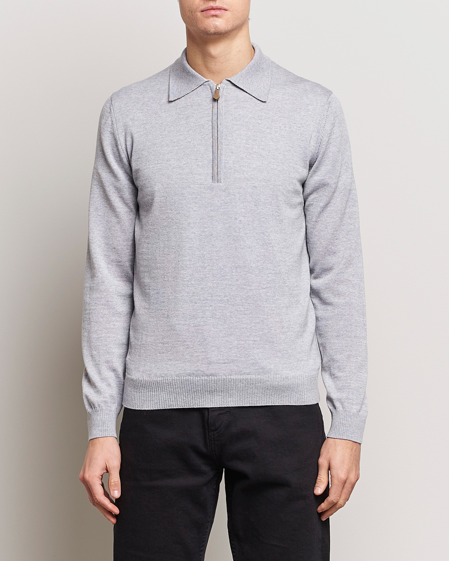 Herren | Pullover | Stenströms | Merino Wool Zip Polo Light Grey