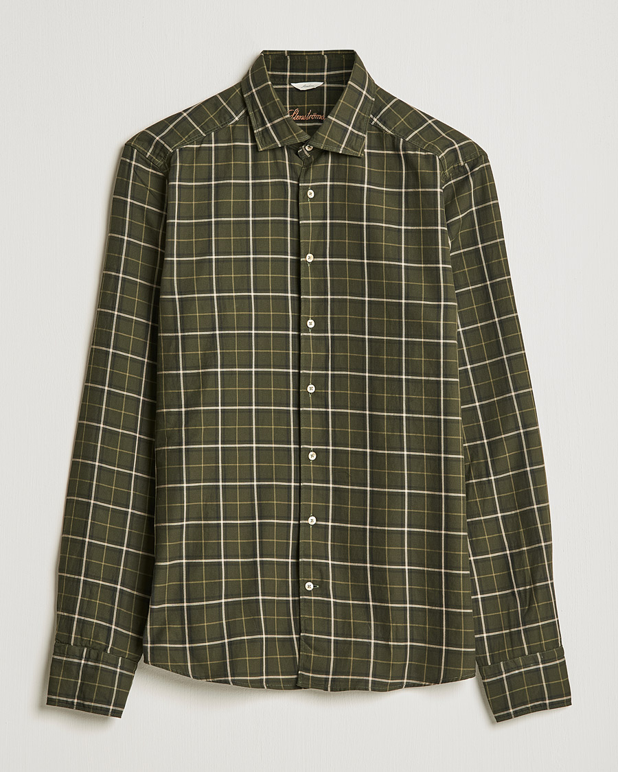 Herren | Hemden | Stenströms | Slimline Cut Away Washed Checked Shirt Dark Green