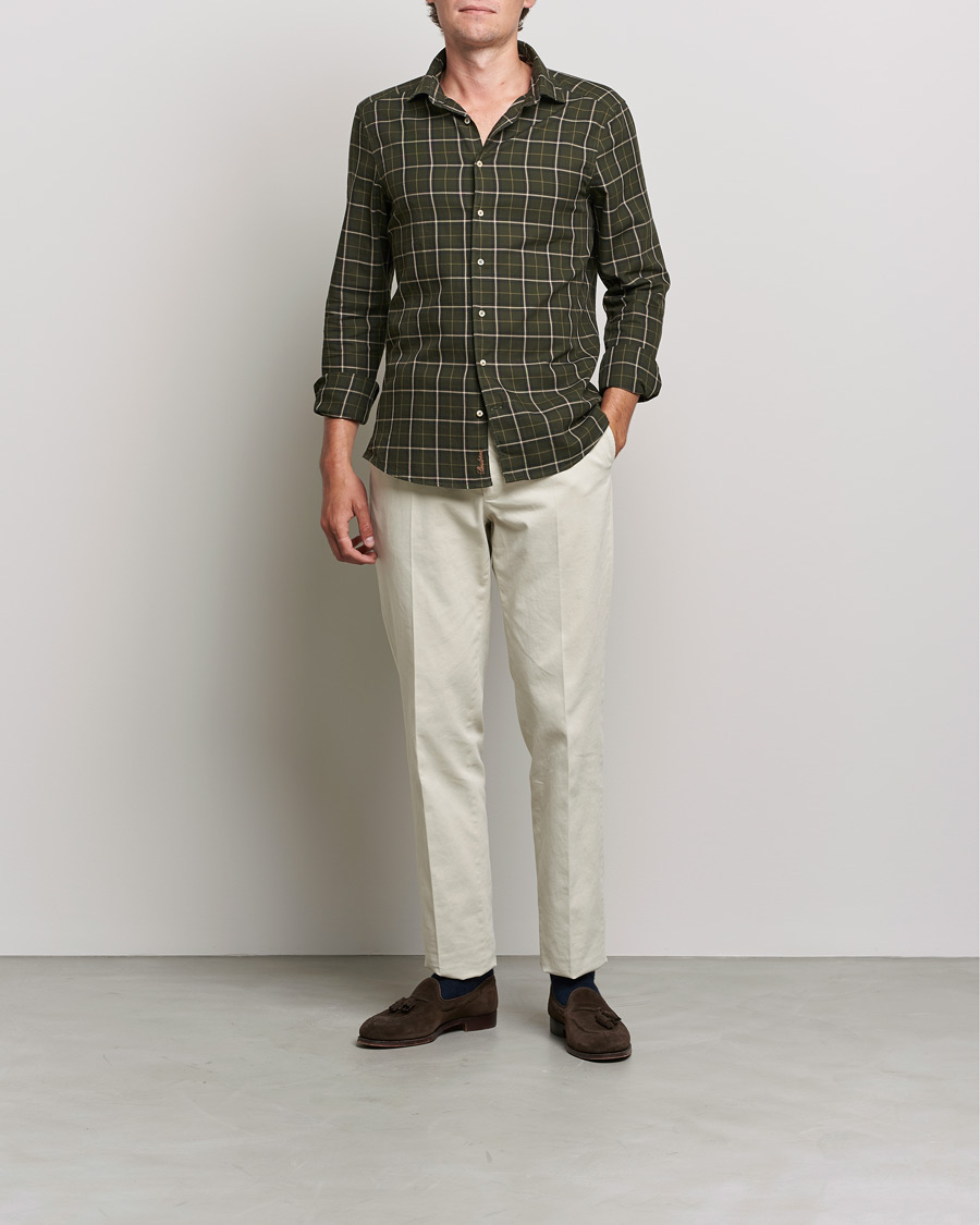 Herren | Hemden | Stenströms | Slimline Cut Away Washed Checked Shirt Dark Green