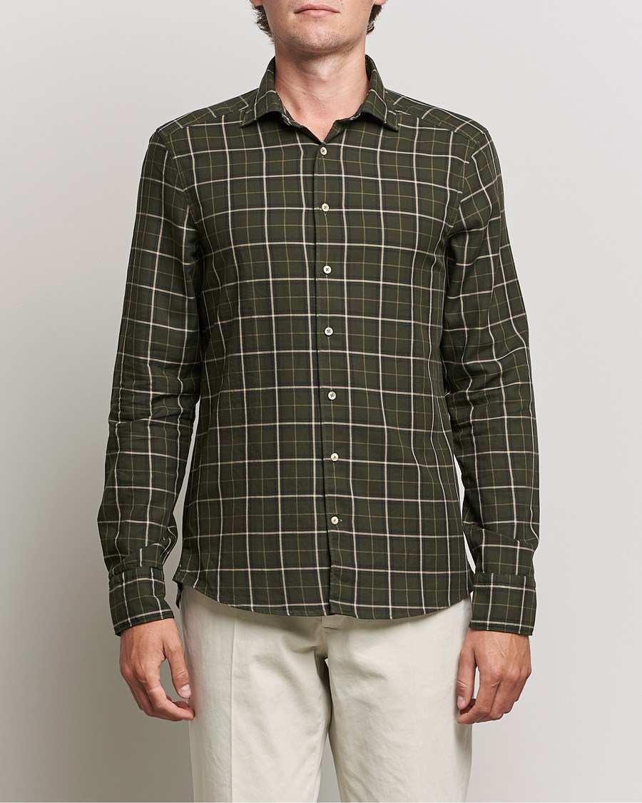 Herren | Hemden | Stenströms | Slimline Cut Away Washed Checked Shirt Dark Green